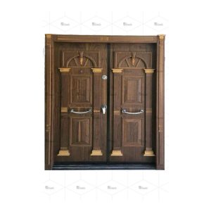 درب ضد سرقت دو لنگه ای لابی با روکش طبیعی چوب گردو مدل DZ-1024
